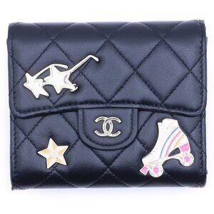 Chanel Classic Small Wallet Trifold Charm Black Lambskin Gold